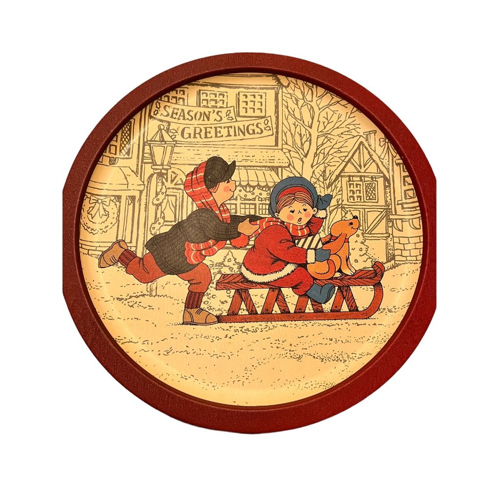 Vintage Wangs Intl. Inc. 1989 Metal Tray Snow Sled Boy Girl Dog Christmas Winter